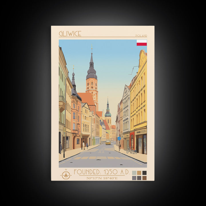 Gliwice Poland Travel Poster Framed Canvas Print, Midcentury Modern Art, Pop Art Wall Decor, Scenic Living Room Art, Bedroom Decor
