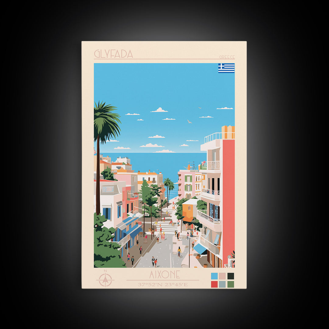 Glyfada Greece Travel Poster Framed Canvas Print, Midcentury Modern Art, Pop Art Wall Decor, Scenic Wall Art, Bedroom Decoration, Office Art