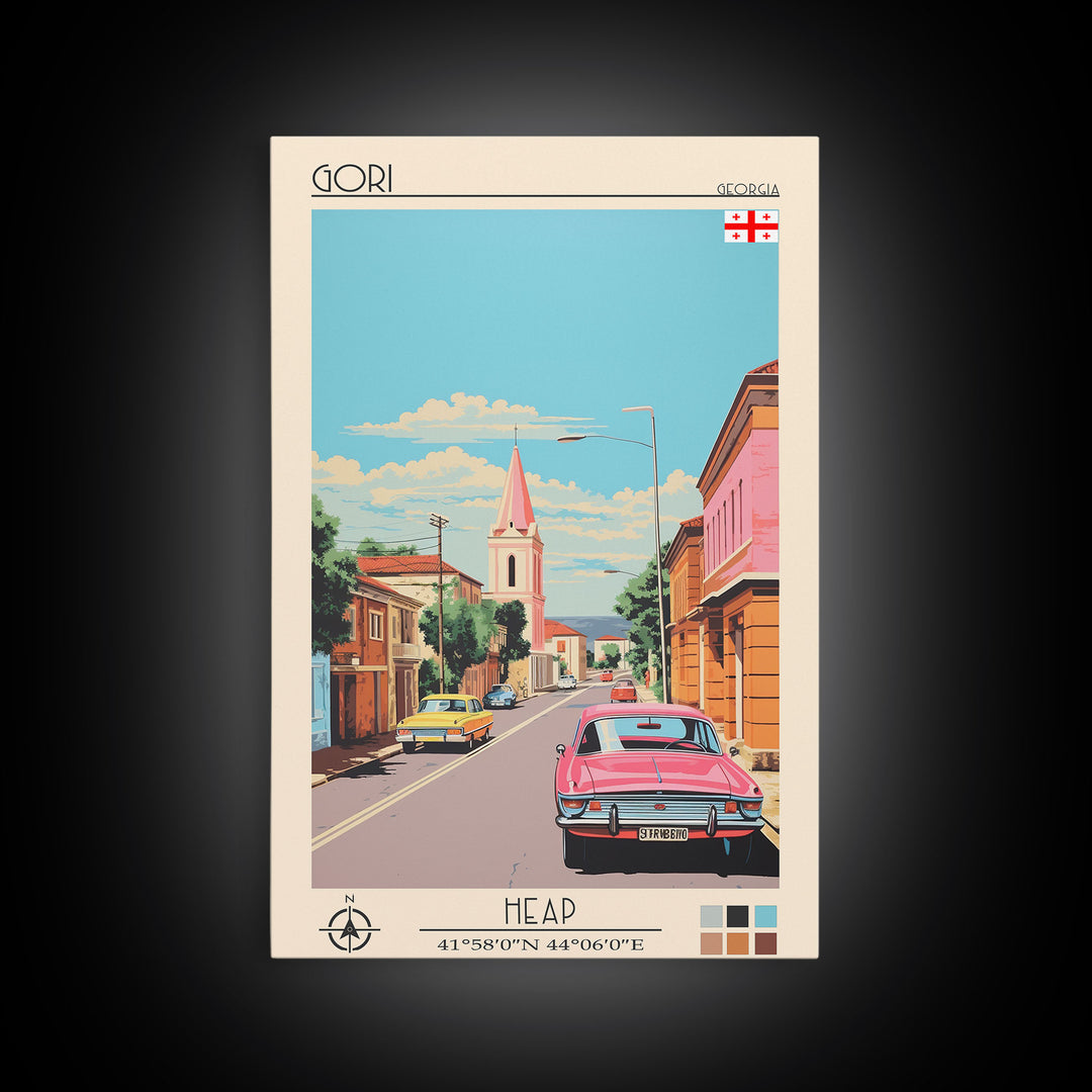 Gori Georgia Travel Poster Framed Canvas Print, Midcentury Modern Art, Pop Art Wall Decor, Scenic Wall Art, Living Room Decoration, Office Art