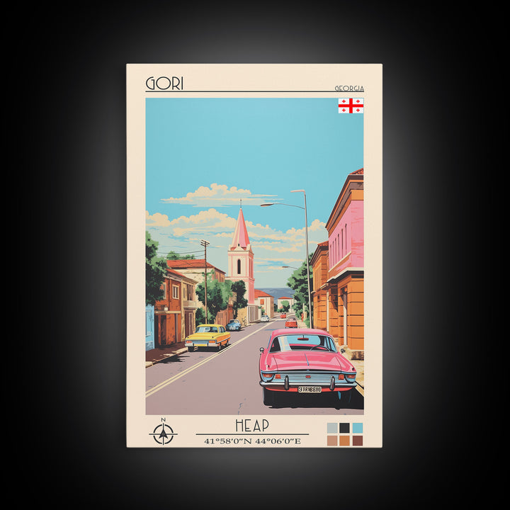 Gori Georgia Travel Poster Framed Canvas Print, Midcentury Modern Art, Pop Art Wall Decor, Scenic Wall Art, Living Room Decoration, Office Art