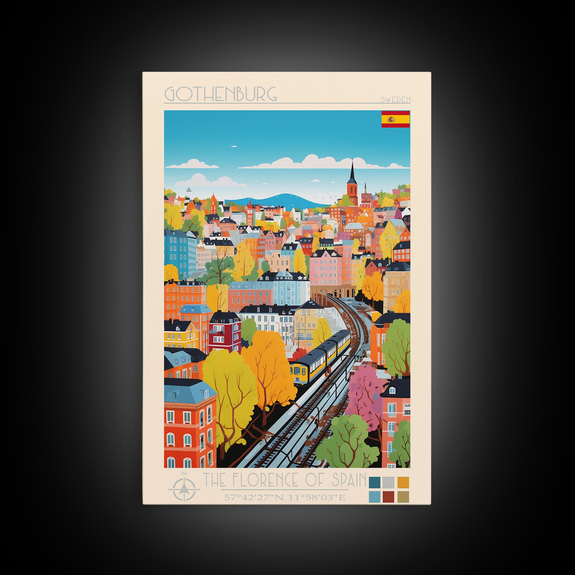 Gothenburg Sweden Travel Poster Framed Canvas Print, Midcentury Modern Art, Pop Art Wall Decor, Scenic Bedroom Art, Office Decoration