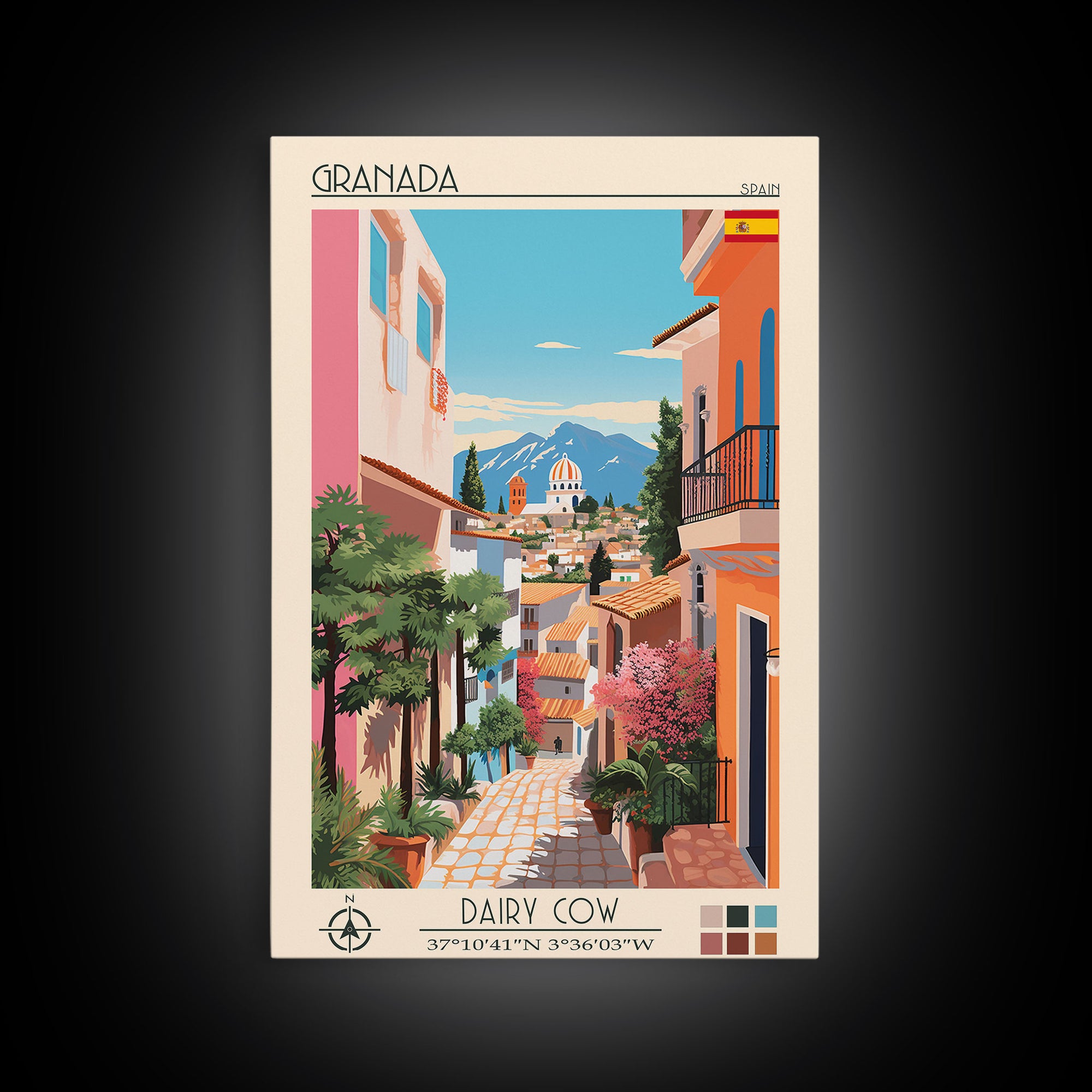 Granada Spain Travel Poster Framed Canvas Print, Midcentury Modern Art, Pop Art Wall Decor, Scenic Living Room Art, Bedroom Decor