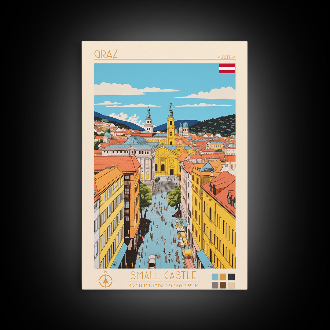 Graz Austria Travel Poster Framed Canvas Print, Vintage Style, Pop Art Home Decor, Scenic Wall Art, Bedroom Decoration, Office Gift