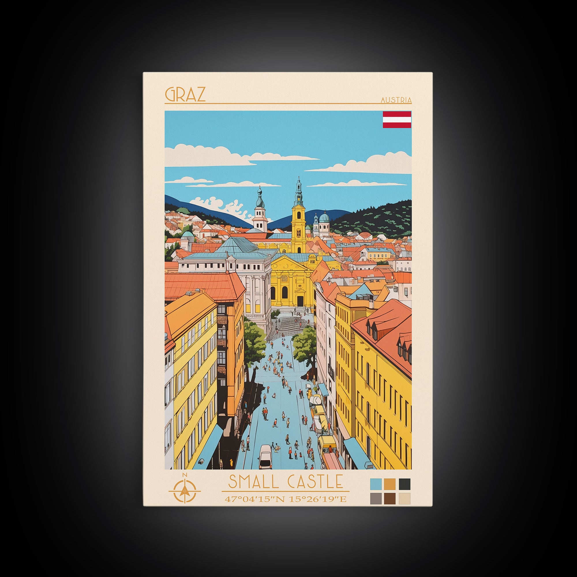 Graz Austria Travel Poster Framed Canvas Print, Vintage Style, Pop Art Home Decor, Scenic Wall Art, Bedroom Decoration, Office Gift
