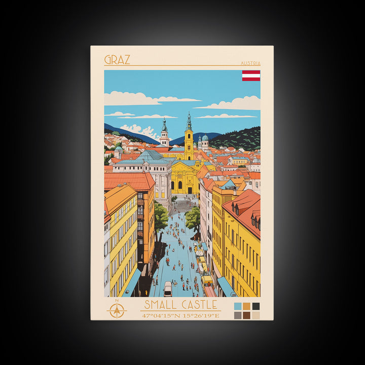 Graz Austria Travel Poster Framed Canvas Print, Vintage Style, Pop Art Home Decor, Scenic Wall Art, Bedroom Decoration, Office Gift