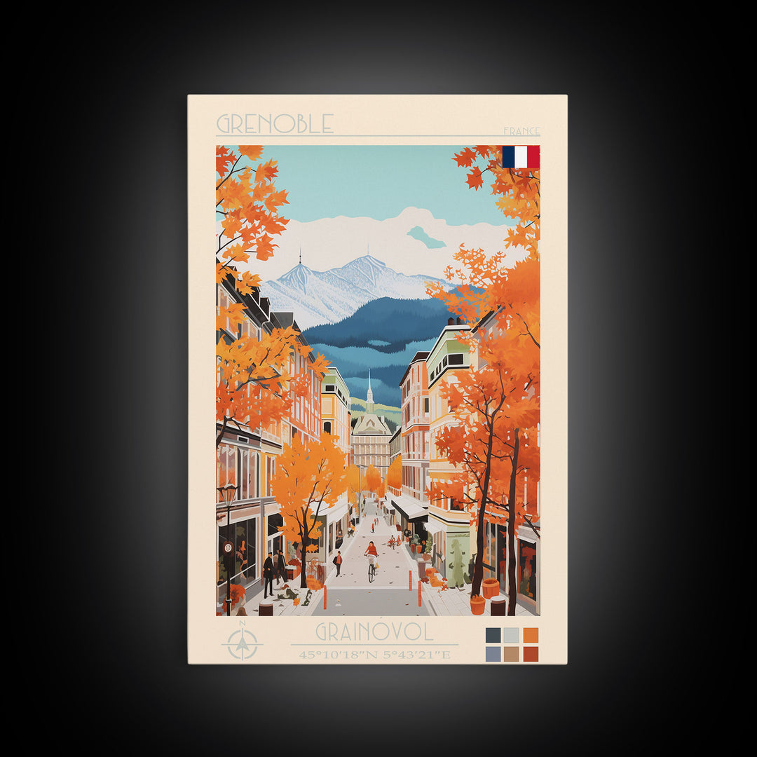 Grenoble France Travel Poster Framed Canvas Print, Midcentury Modern Art, Pop Art Wall Decor, Home Decor, Vacation Gift, Office Art