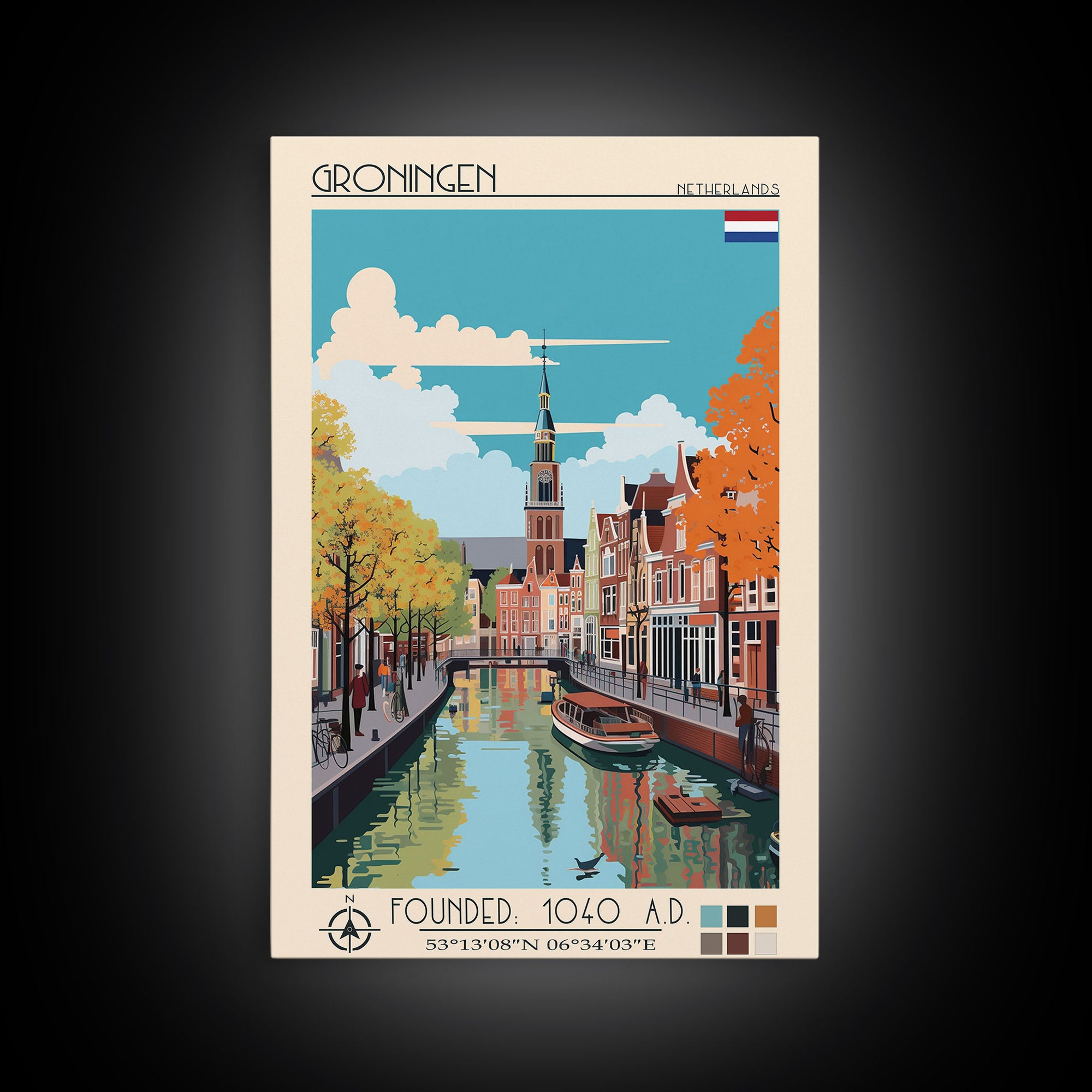 Groningen Netherlands Travel Poster Framed Canvas Print, Midcentury Modern Art, Pop Art Wall Decor, Scenic Living Room Art, Bedroom Gift