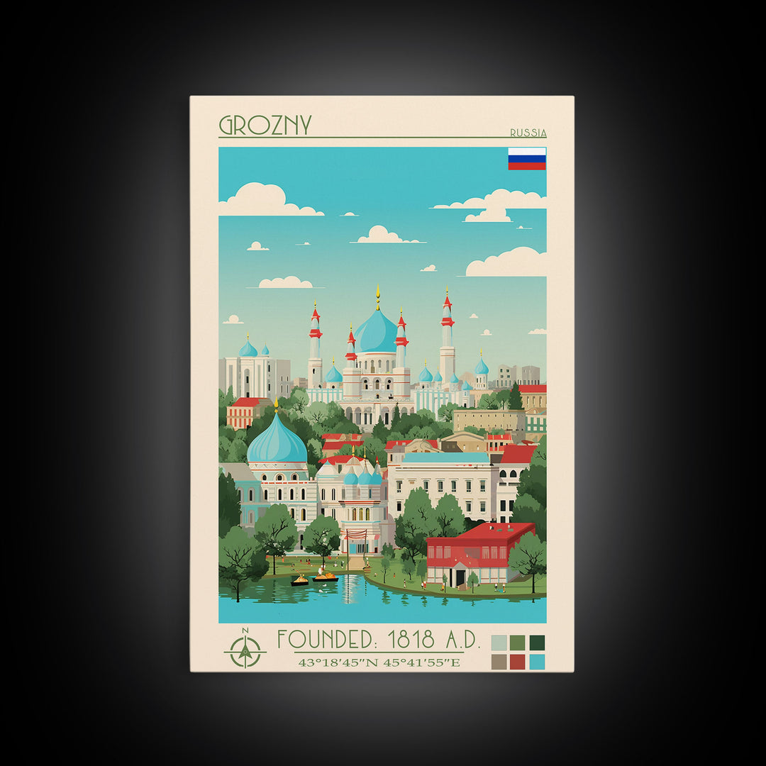 Grozny Russia Travel Poster Framed Canvas Print, Midcentury Modern Art, Pop Art Wall Decor, Scenic Wall Art, Living Room Decoration, Office Art