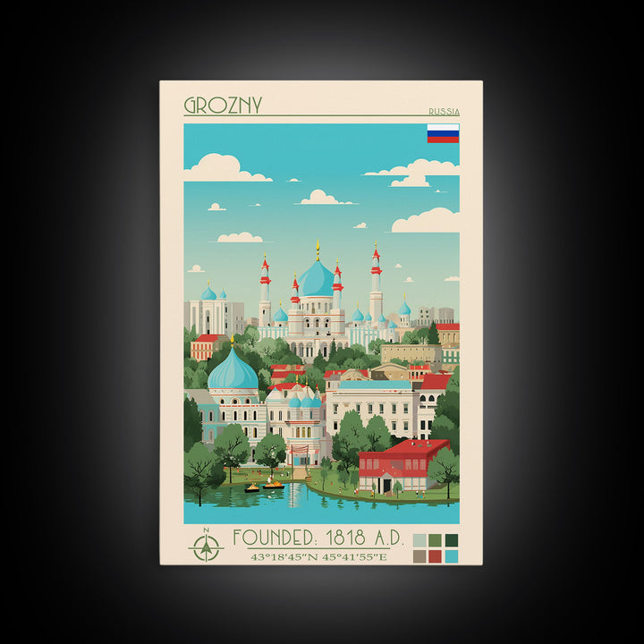 Grozny Russia Travel Poster Framed Canvas Print, Midcentury Modern Art, Pop Art Wall Decor, Scenic Wall Art, Living Room Decoration, Office Art