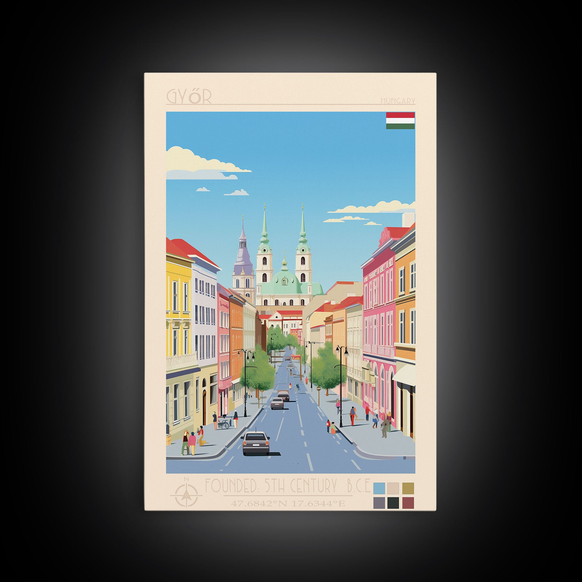 Győr Hungary Travel Poster Framed Canvas Print, Midcentury Modern Art, Pop Art Wall Decor, Scenic Wall Art, Living Room Decoration, Office Gift