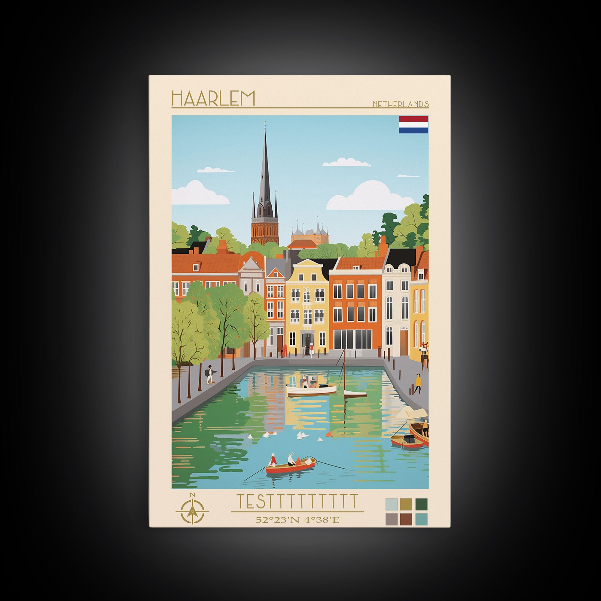 Haarlem Netherlands Travel Poster Framed Canvas Print, Midcentury Modern Art, Pop Art Wall Decor, Scenic Bedroom Art, Office Decoration