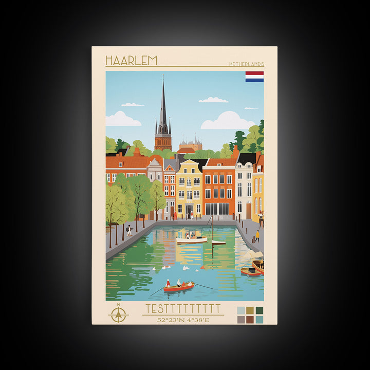 Haarlem Netherlands Travel Poster Framed Canvas Print, Midcentury Modern Art, Pop Art Wall Decor, Scenic Bedroom Art, Office Decoration