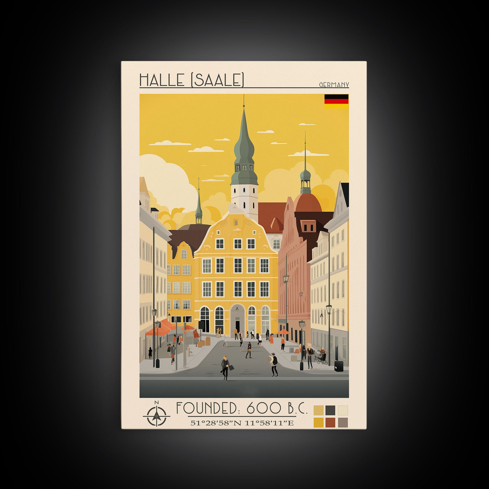 Halle Germany Travel Poster Framed Canvas Print, Midcentury Modern Art, Pop Art Wall Decor, Scenic Living Room Art, Bedroom Decor