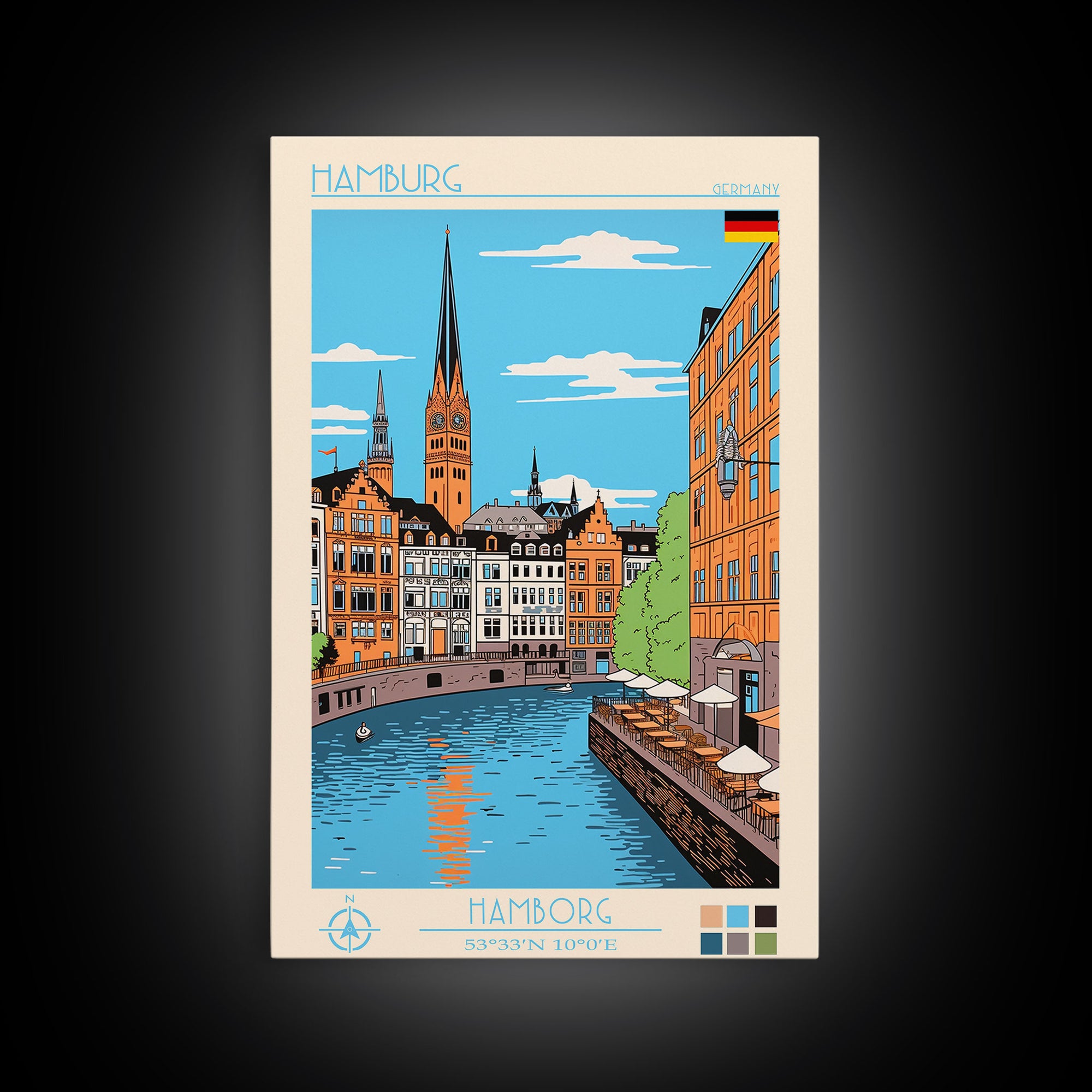 Hamburg Germany Travel Poster Framed Canvas Print, Midcentury Modern Art, Pop Art Wall Decor, Scenic Wall Art, Bedroom Decoration, Office Art