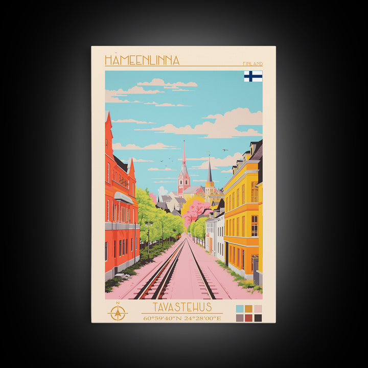 Hämeenlinna City in Finland Finland Travel Poster Framed Canvas Print, Midcentury Modern Art, Pop Art Wall Decor, Home Decor, Vacation Gift, Bedroom Art