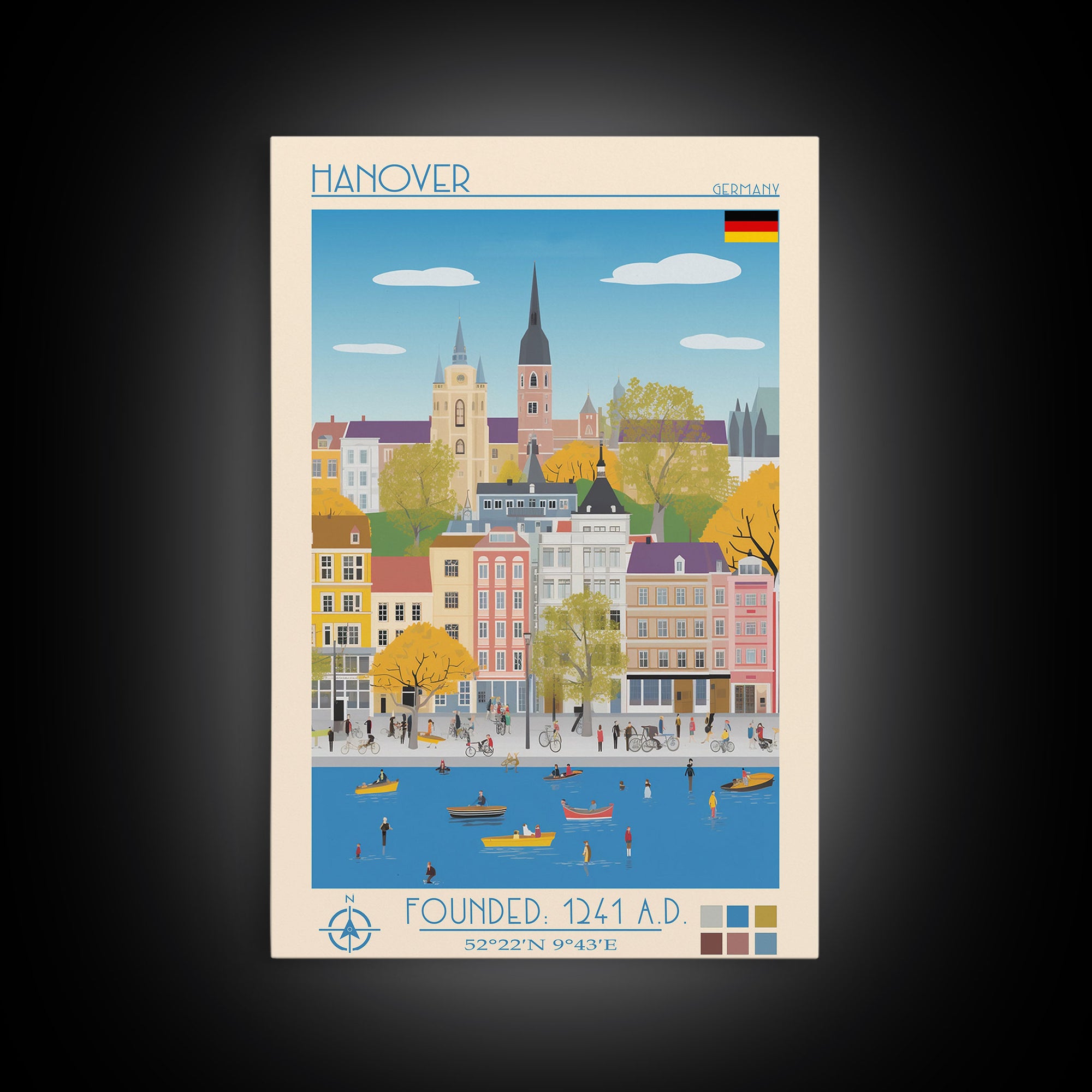 Hanover Germany Travel Poster Framed Canvas Print, Midcentury Modern Art, Pop Art Wall Decor, Scenic Wall Art, Living Room Decoration, Office Art