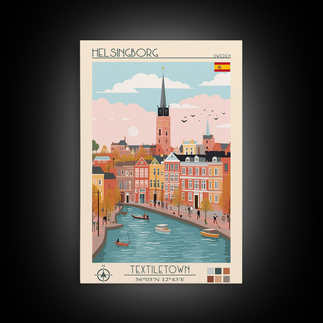 Helsingborg Sweden Travel Poster Framed Canvas Print, Midcentury Modern Art, Pop Art Wall Decor, Scenic Wall Art, Bedroom Decoration, Office Art