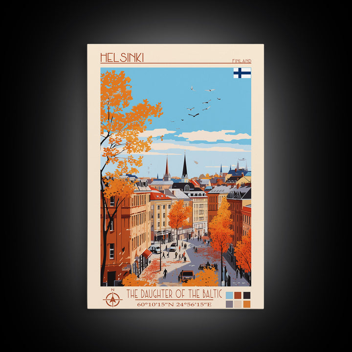 Helsinki Finland Travel Poster Framed Canvas Print, Midcentury Modern Art, Pop Art Wall Decor, Scenic Bedroom Art, Office Decoration