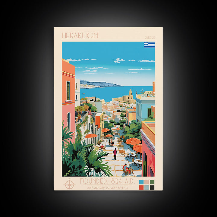 Heraklion Greece Travel Poster Framed Canvas Print, Midcentury Modern Art, Pop Art Wall Decor, Scenic Living Room Art, Bedroom Decor