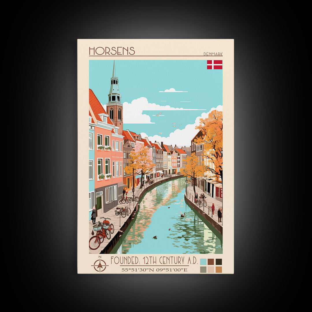 Horsens Denmark Travel Poster Framed Canvas Print, Midcentury Modern Art, Pop Art Wall Decor, Home Decor, Vacation Gift, Office Art