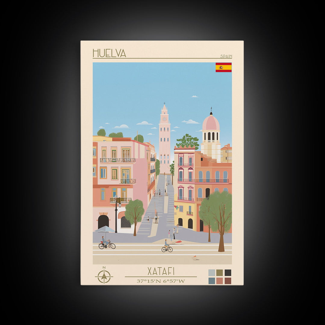 Huelva Spain Travel Poster Framed Canvas Print, Midcentury Modern Art, Pop Art Wall Decor, Scenic Wall Art, Living Room Decoration, Office Art