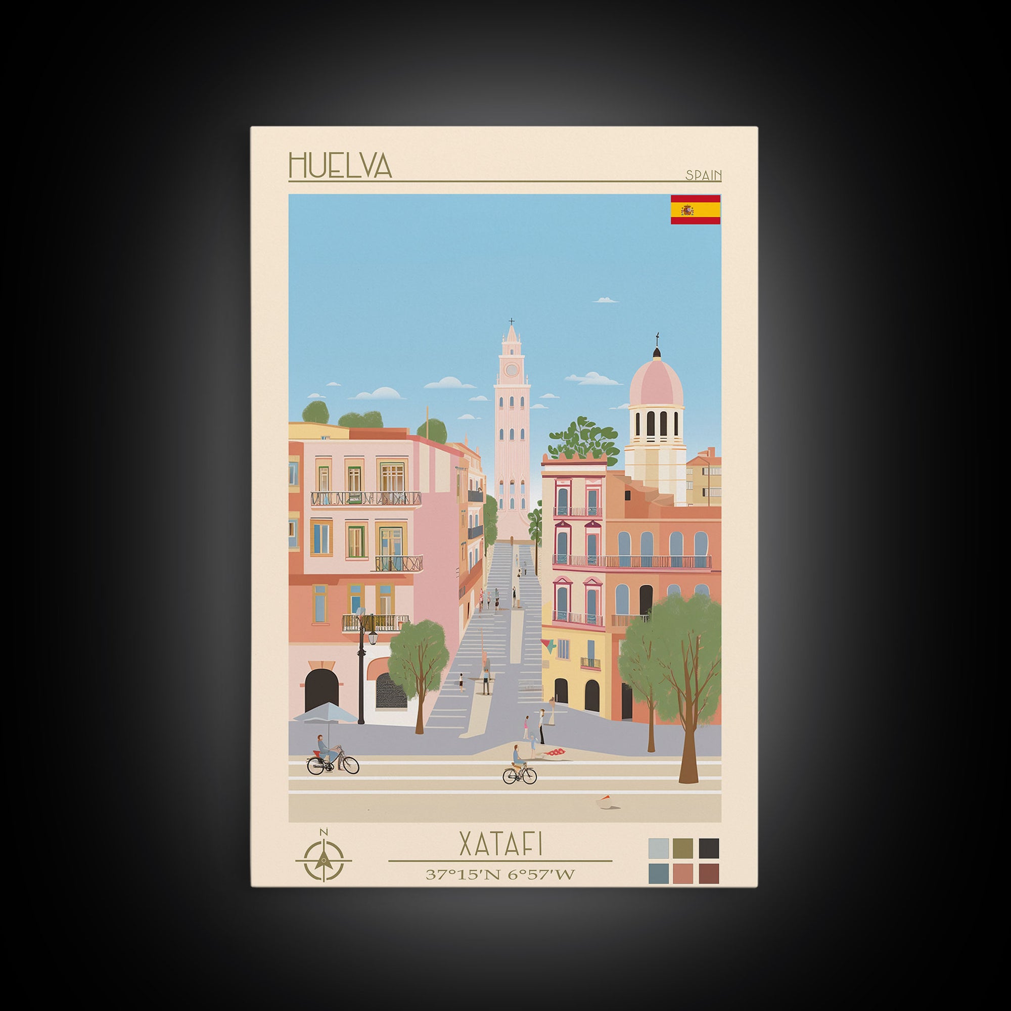 Huelva Spain Travel Poster Framed Canvas Print, Midcentury Modern Art, Pop Art Wall Decor, Scenic Wall Art, Living Room Decoration, Office Art