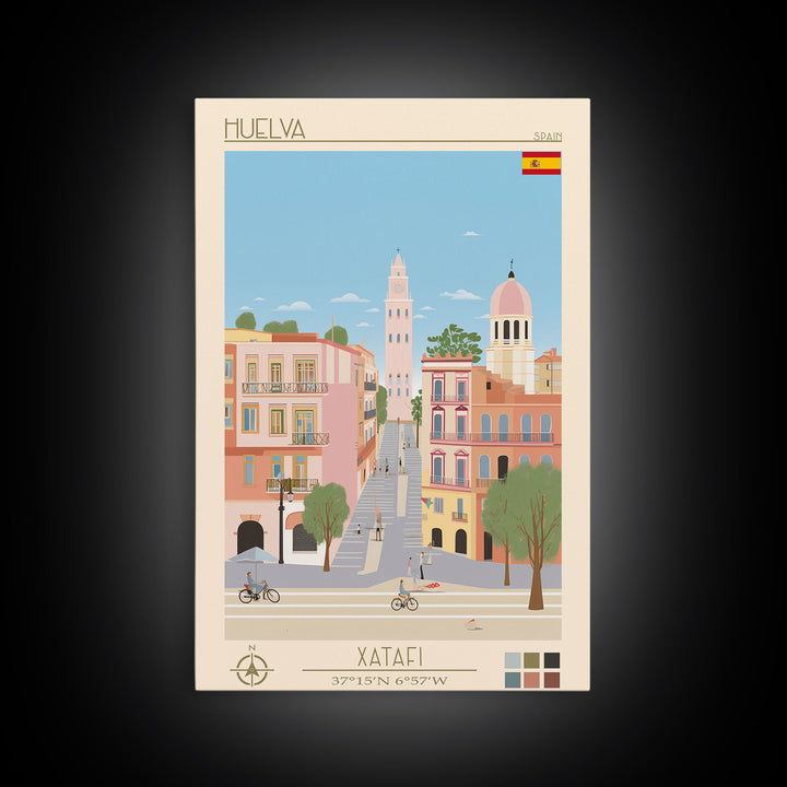 Huelva Spain Travel Poster Framed Canvas Print, Midcentury Modern Art, Pop Art Wall Decor, Scenic Wall Art, Living Room Decoration, Office Art