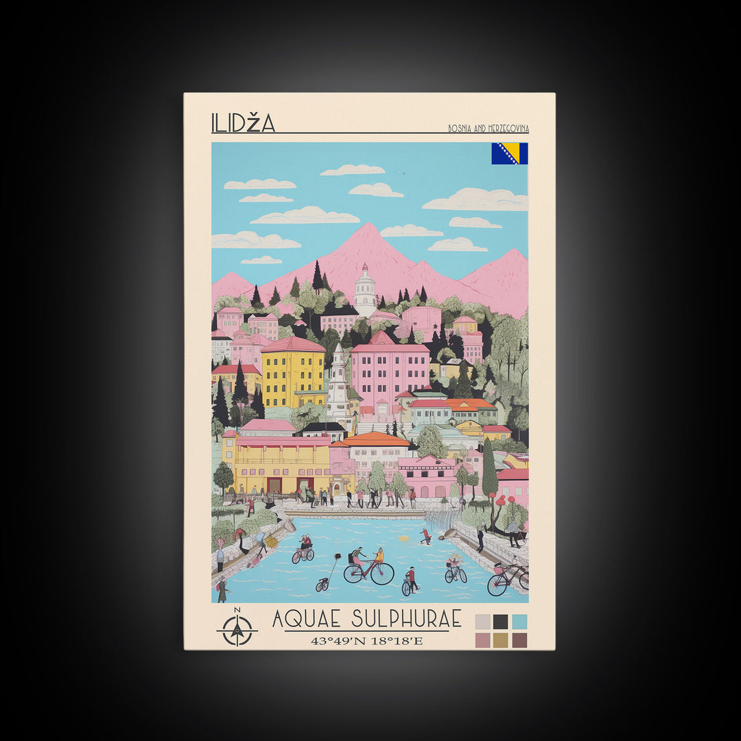 Ilidža Bosnia and Herzegovina Travel Poster Framed Canvas Print, Midcentury Modern Art, Pop Art Wall Decor, Scenic Wall Art, Bedroom Decoration