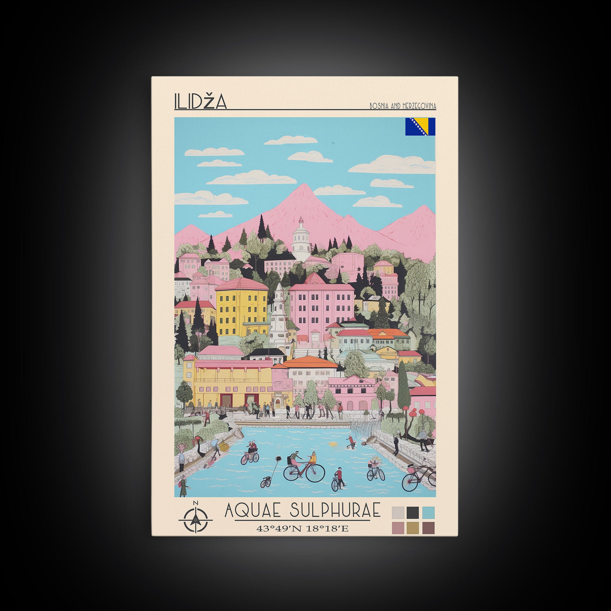 Ilidža Bosnia and Herzegovina Travel Poster Framed Canvas Print, Midcentury Modern Art, Pop Art Wall Decor, Scenic Wall Art, Bedroom Decoration