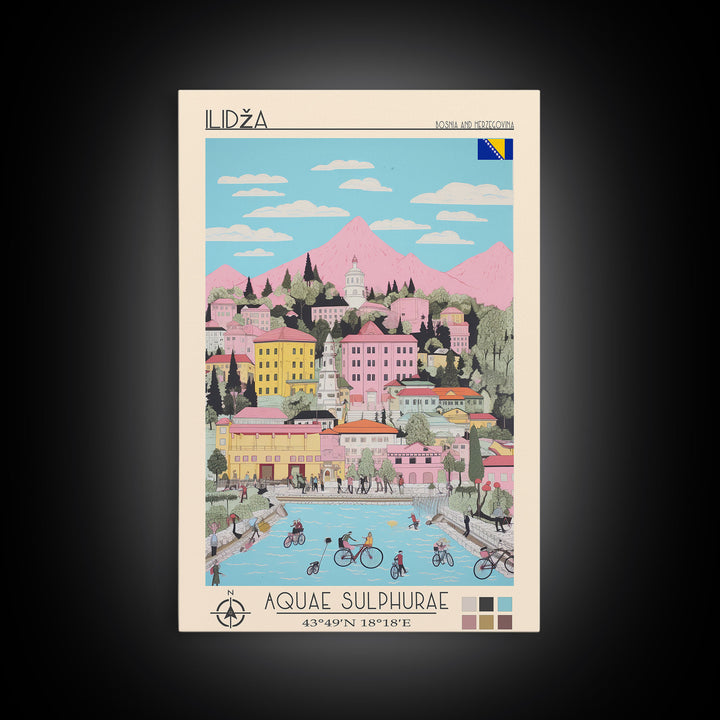 Ilidža Bosnia and Herzegovina Travel Poster Framed Canvas Print, Midcentury Modern Art, Pop Art Wall Decor, Scenic Wall Art, Bedroom Decoration