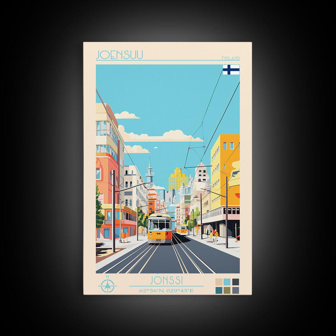 Joensuu Finland Travel Poster Framed Canvas Print, Midcentury Modern Art, Pop Art Wall Decor, Scenic Living Room Art, Bedroom Decor