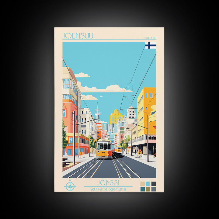 Joensuu Finland Travel Poster Framed Canvas Print, Midcentury Modern Art, Pop Art Wall Decor, Scenic Living Room Art, Bedroom Decor