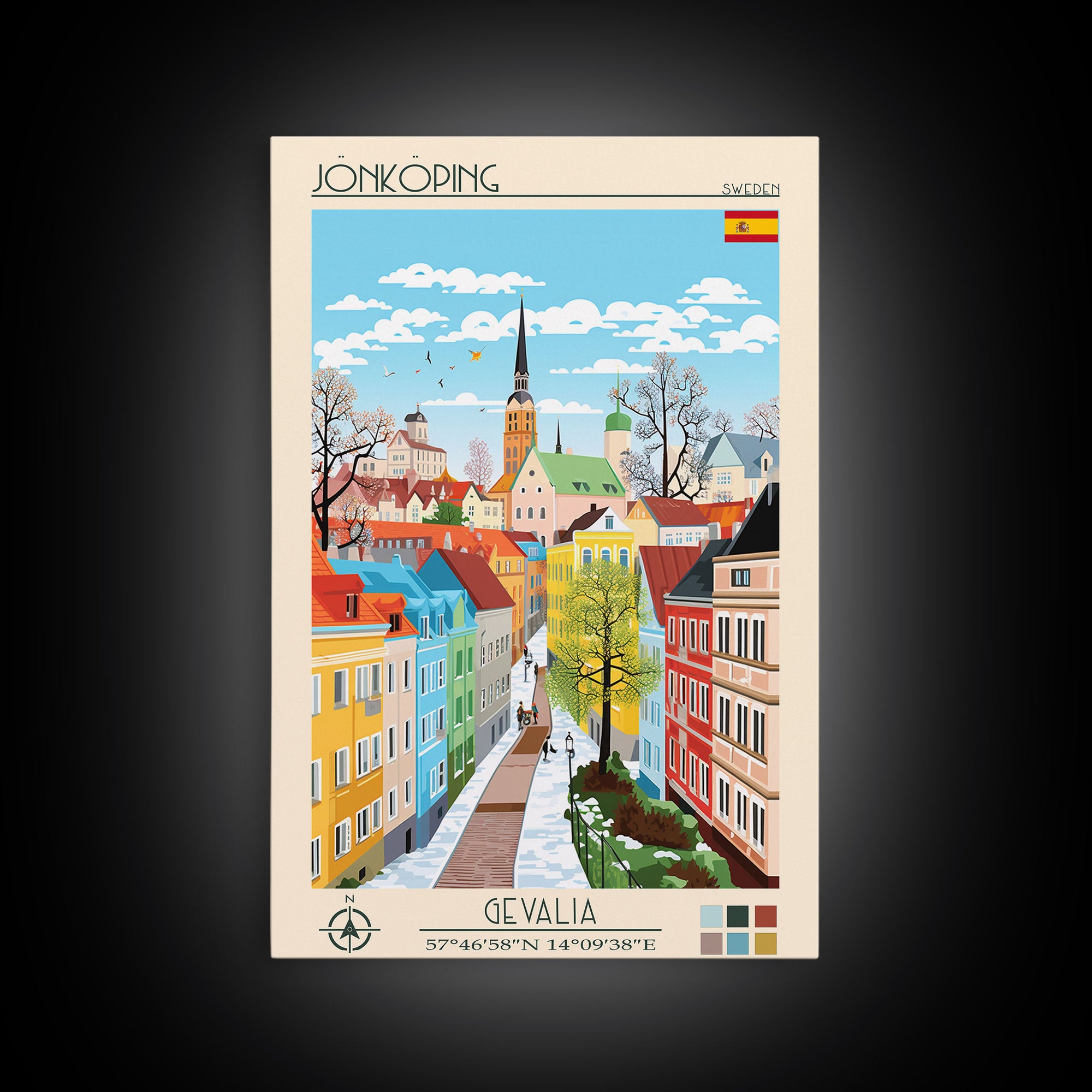 Jönköping Sweden Travel Poster Framed Canvas Print, Midcentury Modern Art, Pop Art Wall Decor, Home Decor, Vacation Gift, Office Art