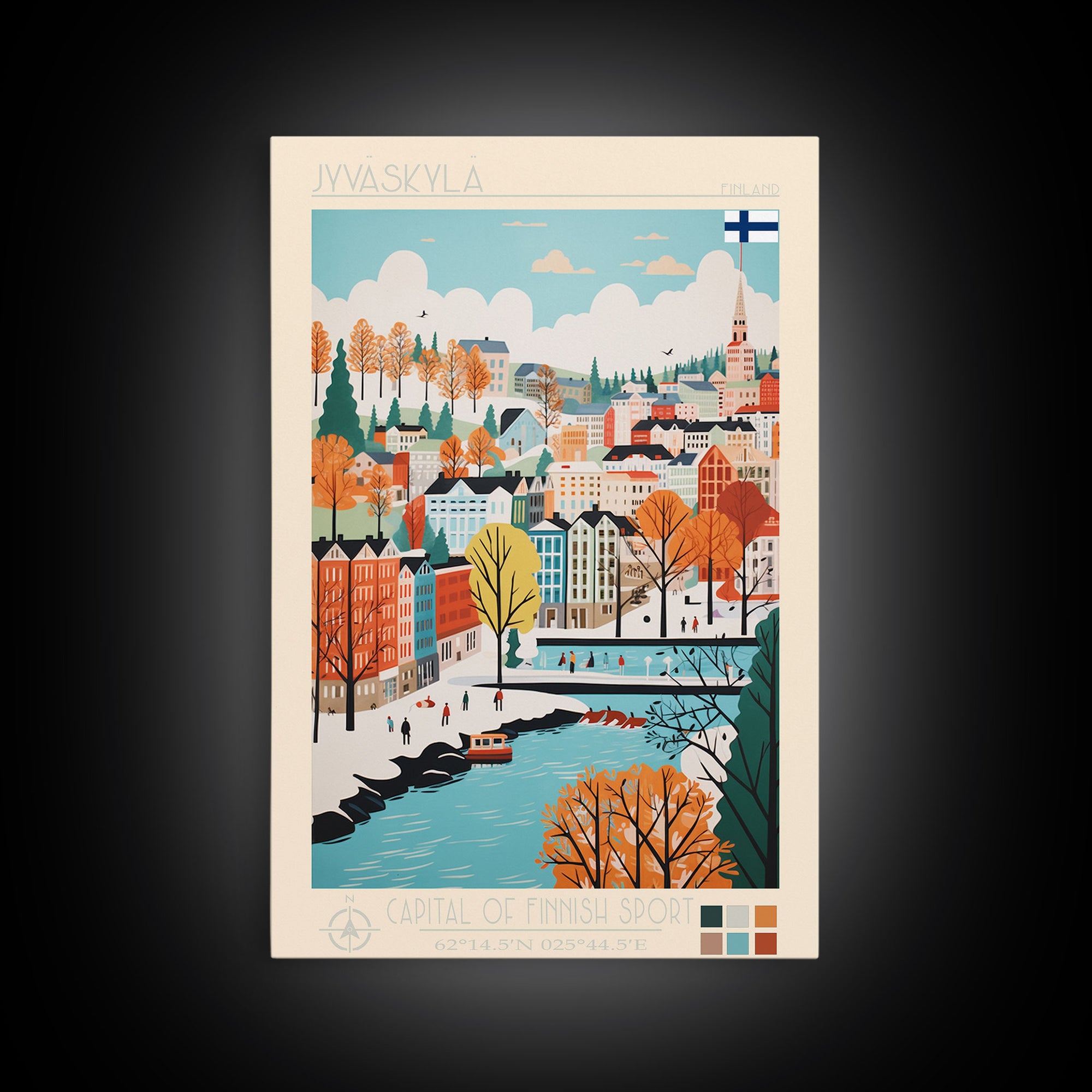 Jyväskylä Finland Travel Poster Framed Canvas Print, Vintage Style, Pop Art Home Decor, Scenic Wall Art, Bedroom Decoration, Office Gift