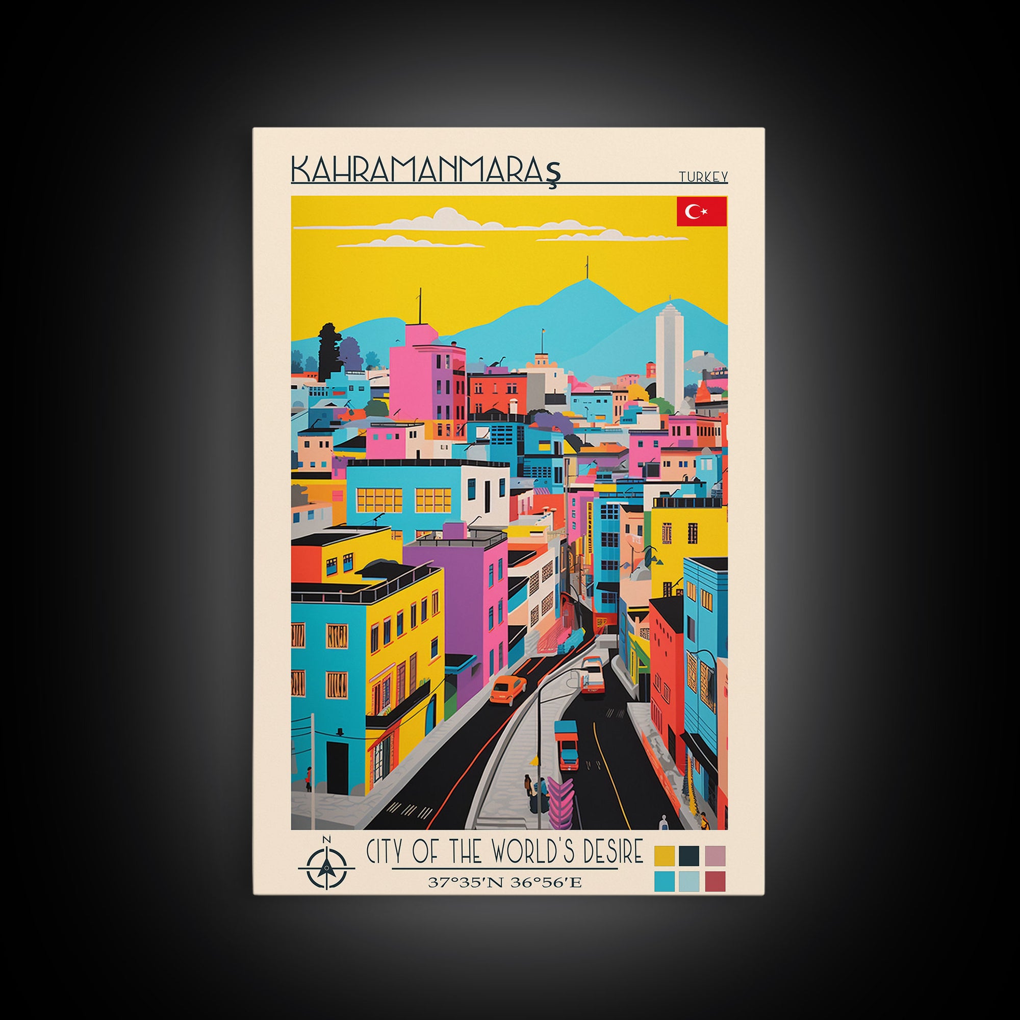 Kahramanmaraş Turkey Travel Poster Framed Canvas Print, Midcentury Modern Art, Pop Art Wall Decor, Scenic Living Room Art, Bedroom Gift