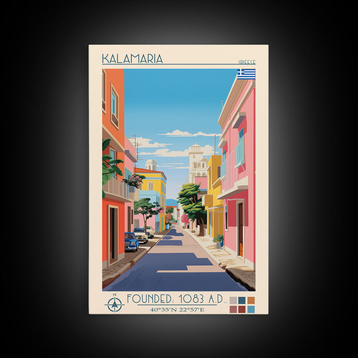 Kalamaria Greece Travel Poster Framed Canvas Print, Midcentury Modern Art, Pop Art Wall Decor, Scenic Wall Art, Living Room Decoration, Office Art