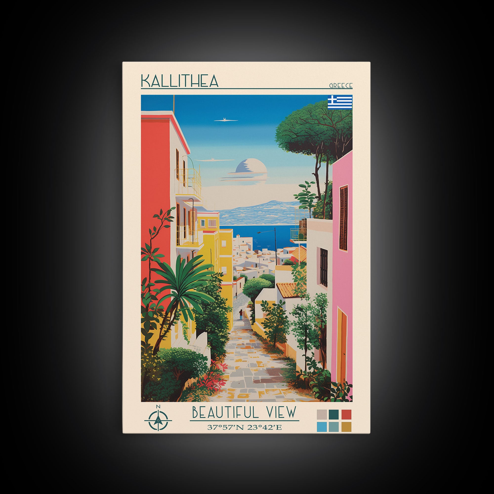 Kallithea Greece Travel Poster Framed Canvas Print, Midcentury Modern Art, Pop Art Wall Decor, Scenic Wall Art, Living Room Decoration, Office Gift
