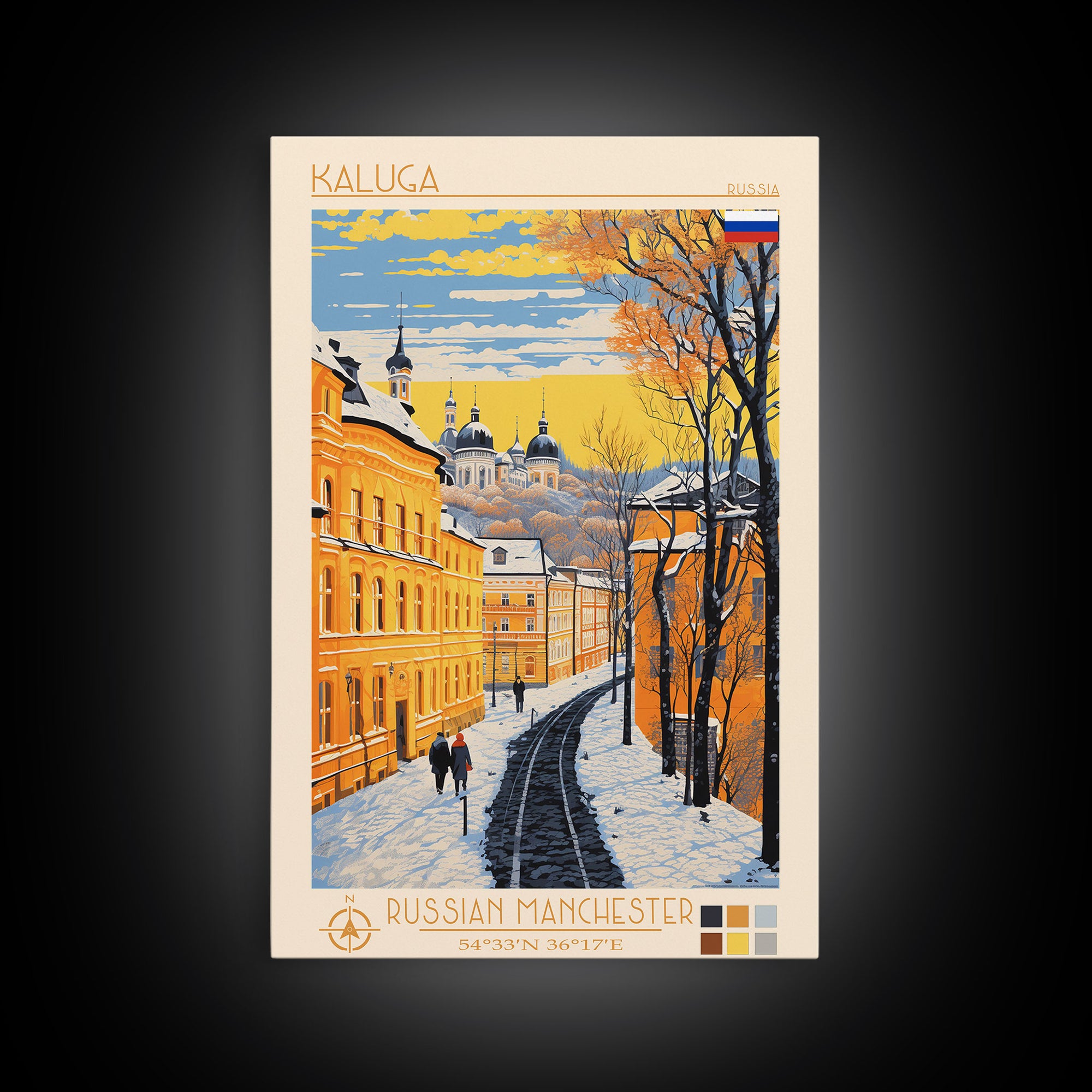 Kaluga Russia Travel Poster Framed Canvas Print, Midcentury Modern Art, Pop Art Wall Decor, Scenic Wall Art, Bedroom Decoration