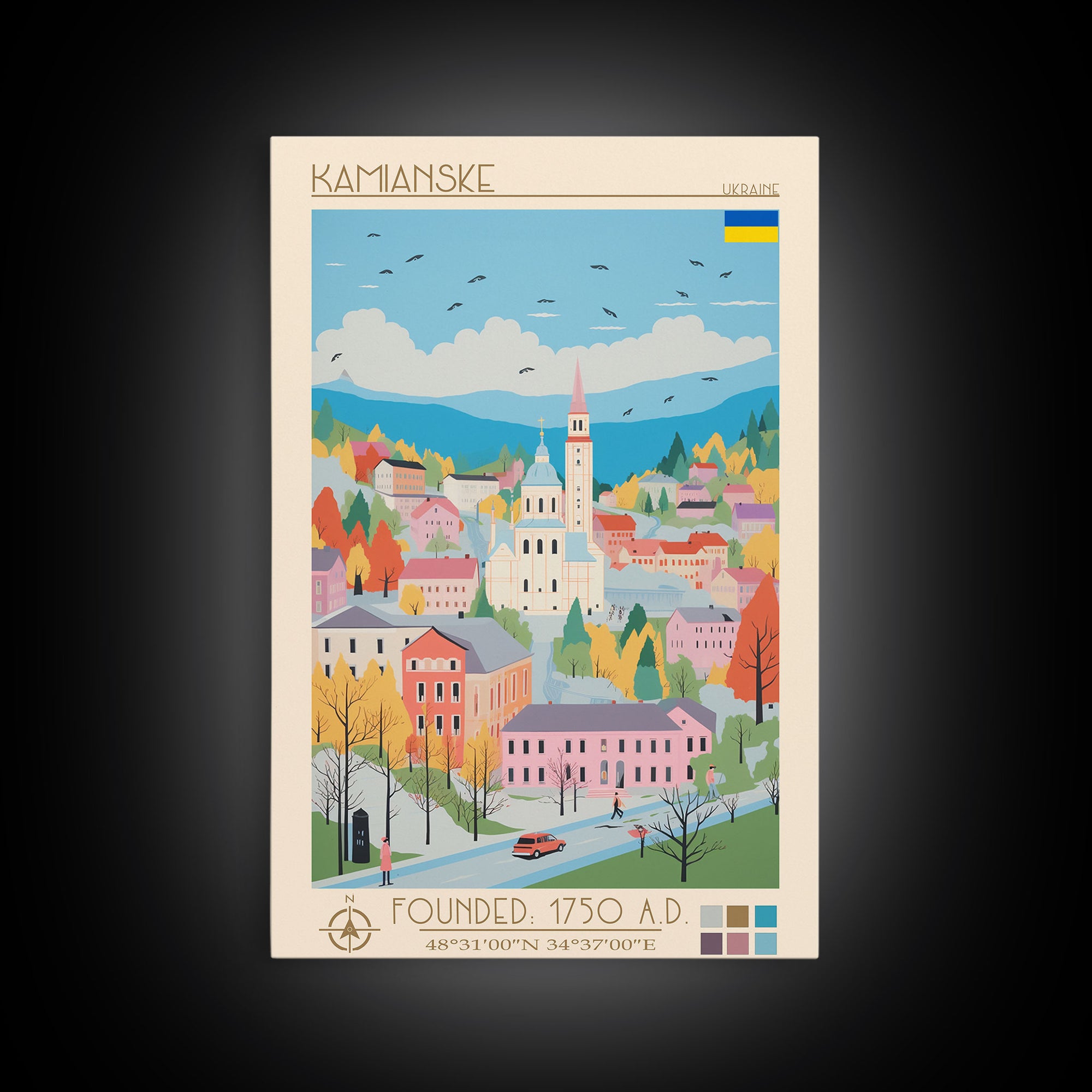Kamianske Ukraine Travel Poster Framed Canvas Print, Midcentury Modern Art, Pop Art Wall Decor, Scenic Wall Art, Living Room Decoration, Office Art