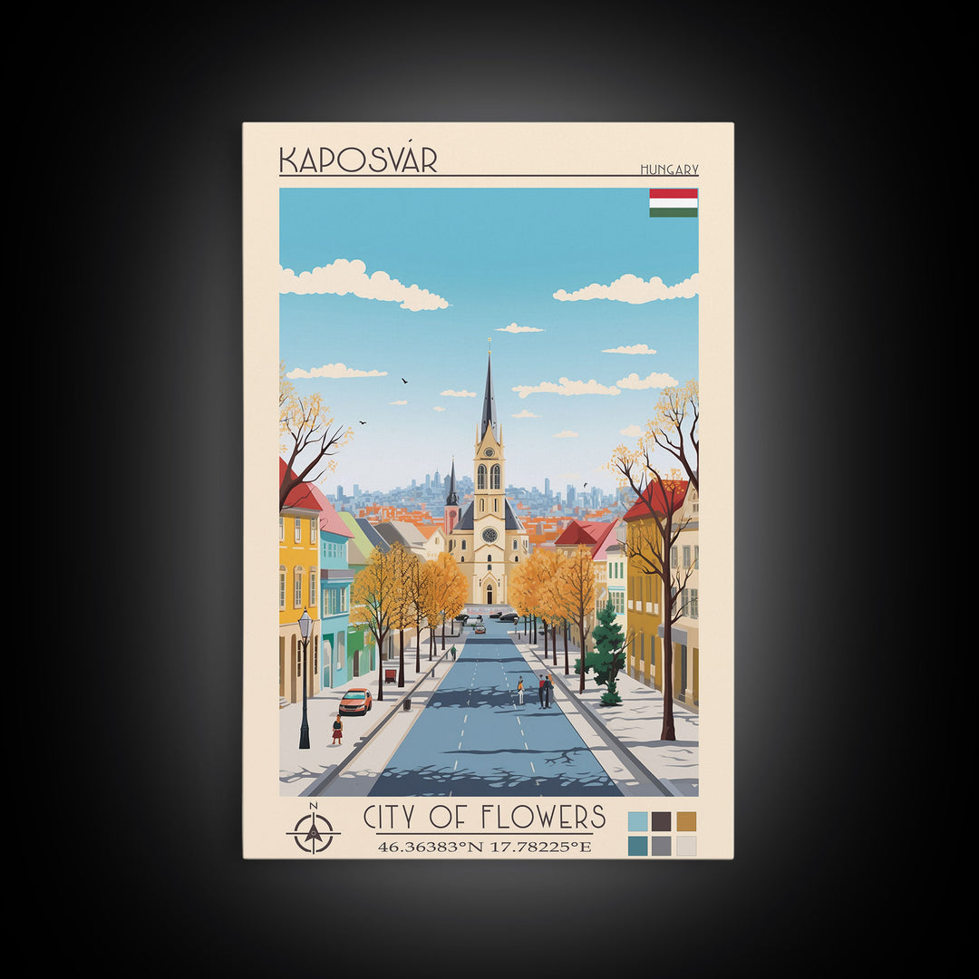 Kaposvár Hungary Travel Poster Framed Canvas Print, Midcentury Modern Art, Pop Art Wall Decor, Scenic Bedroom Art, Office Decoration