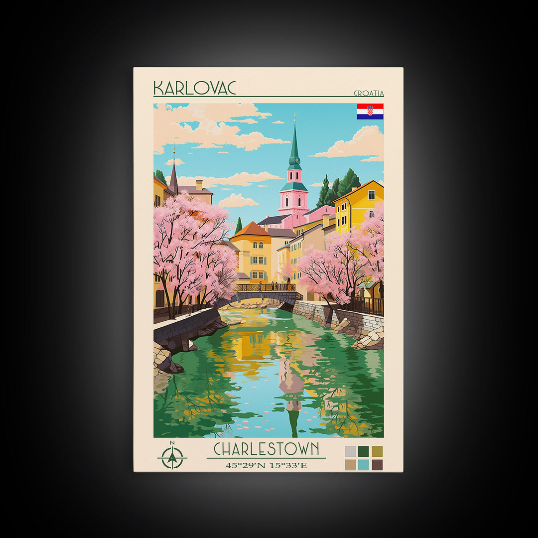 Karlovac Croatia Travel Poster Framed Canvas Print, Midcentury Modern Art, Pop Art Wall Decor, Scenic Living Room Art, Bedroom Decor