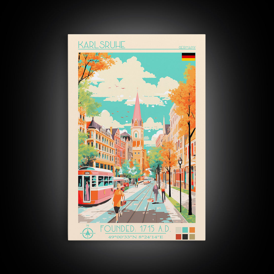Karlsruhe Germany Travel Poster Framed Canvas Print, Vintage Style, Pop Art Home Decor, Scenic Wall Art, Bedroom Decoration, Office Gift