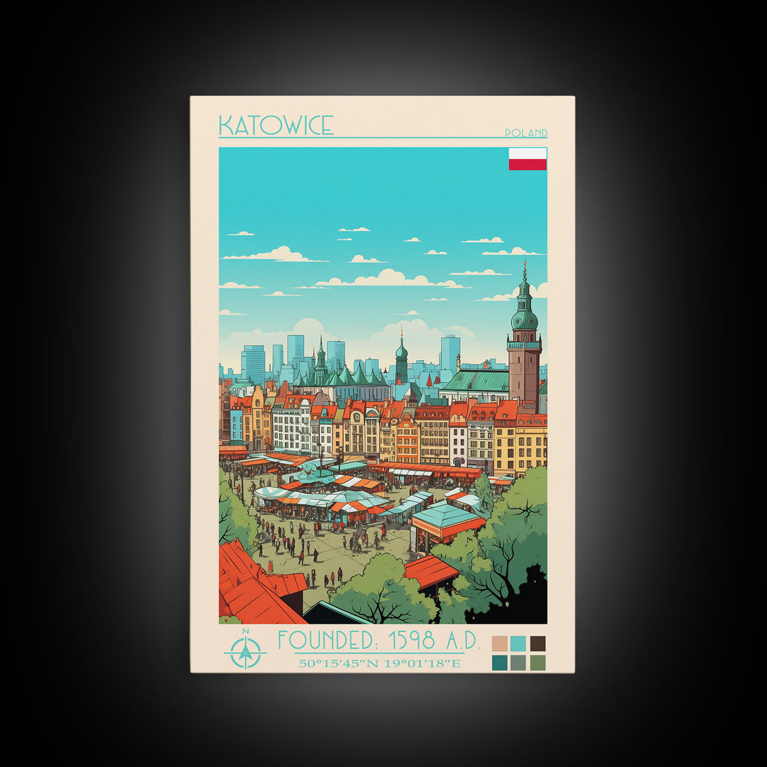 Katowice Poland Travel Poster Framed Canvas Print, Midcentury Modern Art, Pop Art Wall Decor, Home Decor, Vacation Gift, Office Art