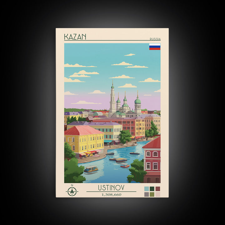 Kazan Russia Travel Poster Framed Canvas Print, Midcentury Modern Art, Pop Art Wall Decor, Scenic Bedroom Art, Office Decoration