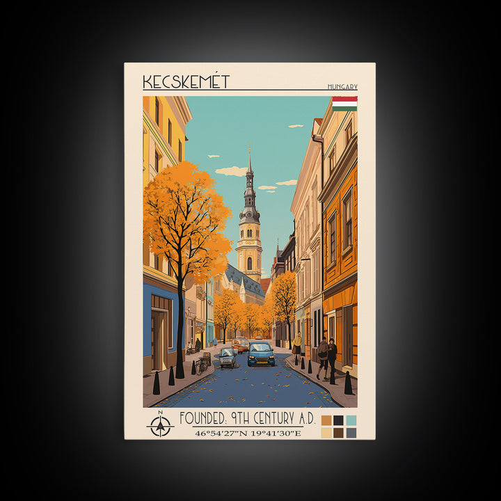 Kecskemét Hungary Travel Poster Framed Canvas Print, Midcentury Modern Art, Pop Art Wall Decor, Scenic Living Room Art, Bedroom Decor