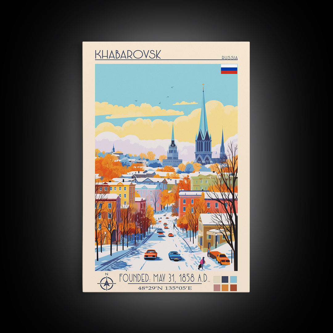 Khabarovsk Russia Travel Poster Framed Canvas Print, Midcentury Modern Art, Pop Art Wall Decor, Home Decor, Vacation Gift, Office Art