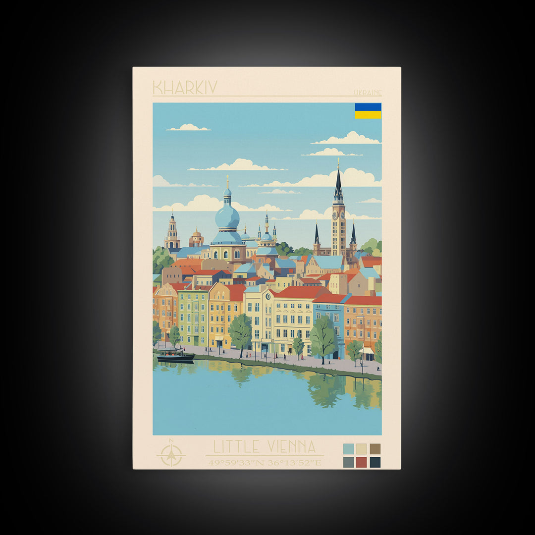 Kharkiv Ukraine Travel Poster Framed Canvas Print, Midcentury Modern Art, Pop Art Wall Decor, Scenic Living Room Art, Bedroom Gift