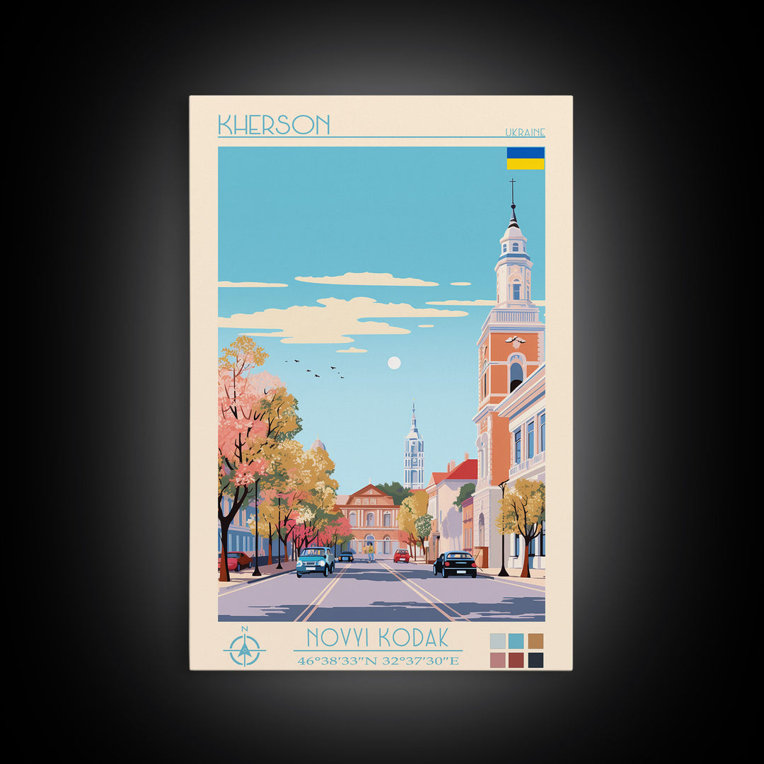 Kherson Ukraine Travel Poster Framed Canvas Print, Midcentury Modern Art, Pop Art Wall Decor, Scenic Wall Art, Living Room Decoration, Office Art