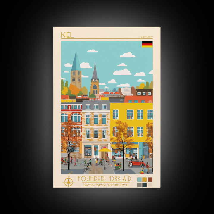 Kiel Germany Travel Poster Framed Canvas Print, Midcentury Modern Art, Pop Art Wall Decor, Scenic Wall Art, Living Room Decoration, Office Art