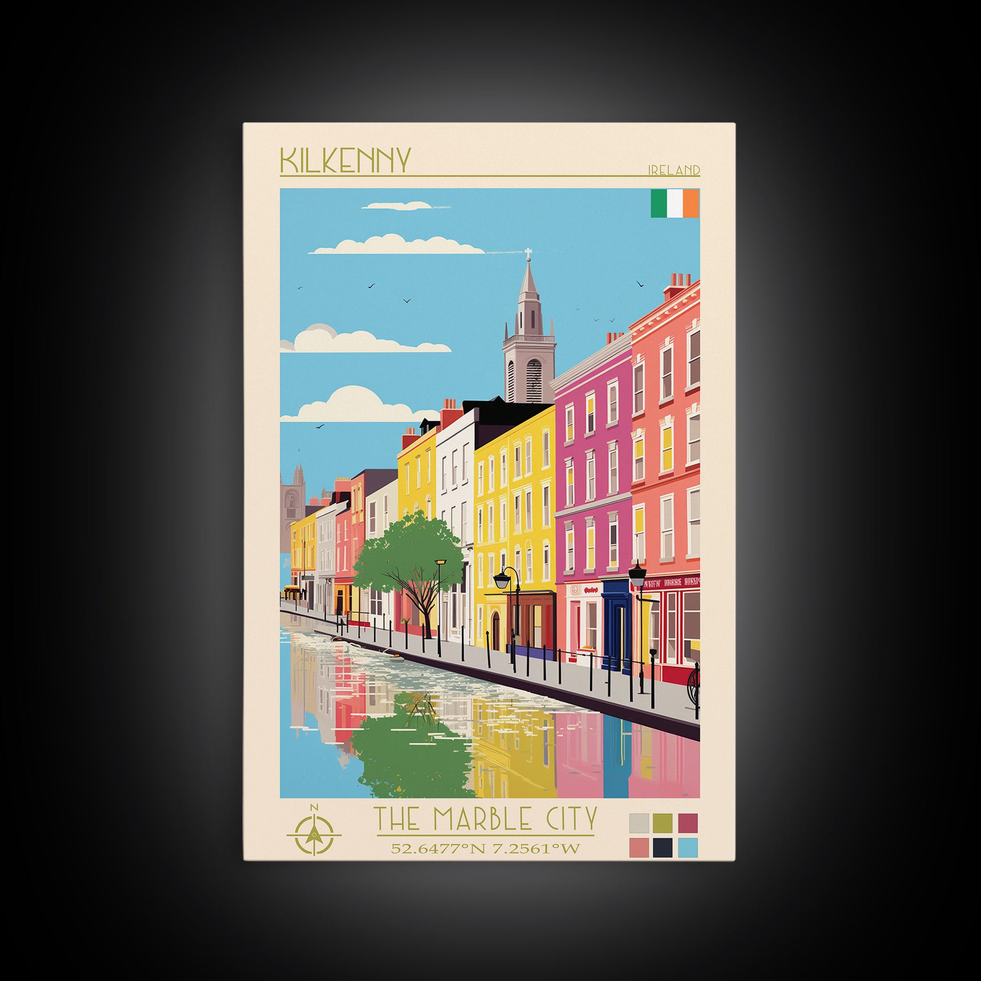 Kilkenny Ireland Travel Poster Framed Canvas Print, Midcentury Modern Art, Pop Art Wall Decor, Scenic Bedroom Art, Office Decoration